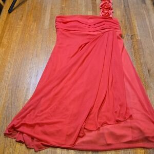 Eureka Women Medium Coral One-Shoulder Rosette Strap Empire Waist Midi Dress‎